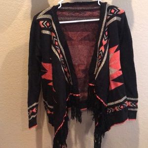 Fringed black and orange Aztec print cardigan